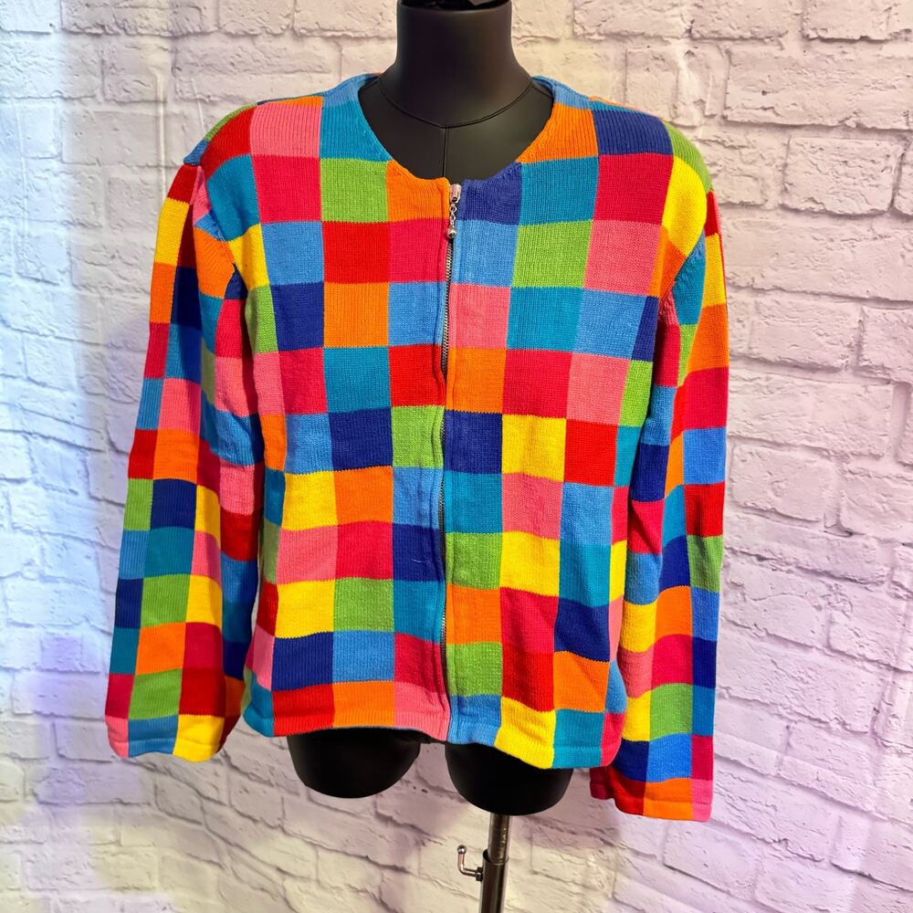SORBE Vintage MULTICOLORED CHECKERED CARDIGAN SZ L